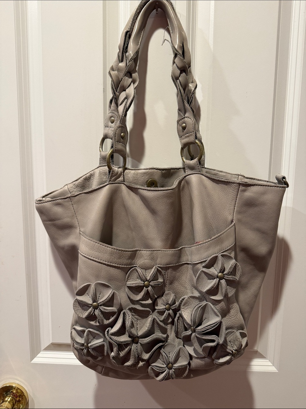 Anthropology Lucky Penny Grey /Taupe Leather Tote